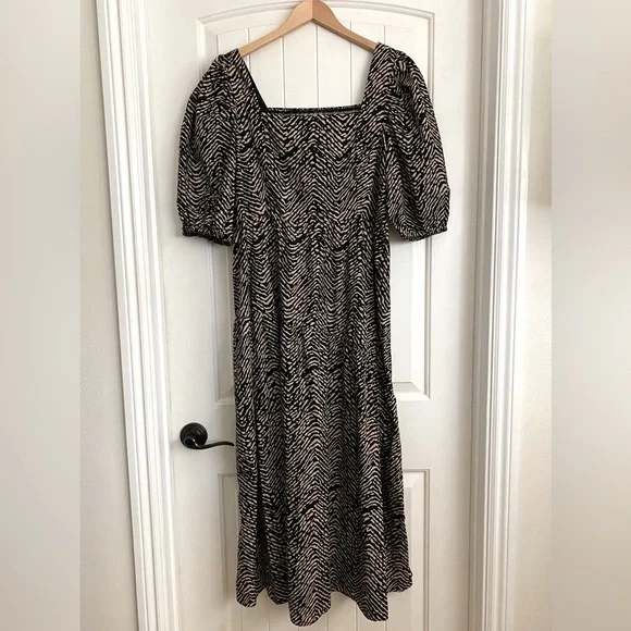 ♦️SOLD♦️ Mango Puff Sleeve Midi Dress Abstract Animal Print Black & Tan Size 10 - Picture 6 of 13